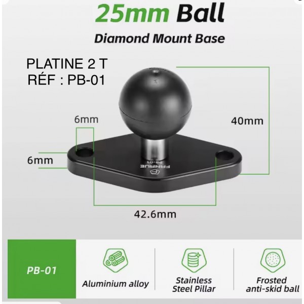 PLATINE ALU 2 TROUS D.25 RÉF : PB-01