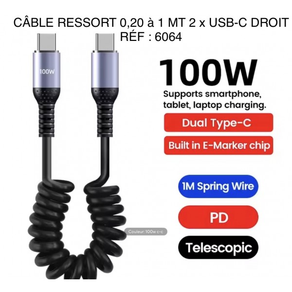 CÂBLE RESSORT USB-C DRT DIM 0,20 a 1 MT RÉF : 6064