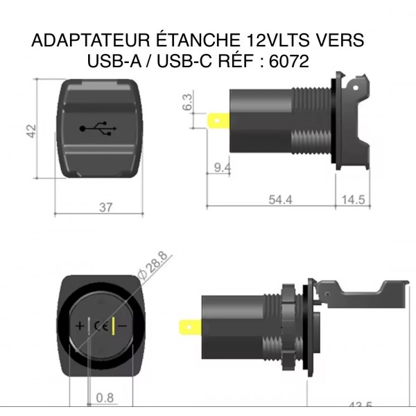 FICHE ÉTANCHE 12 volts / USB-A + USB-C (ABS) RÉF : 6072